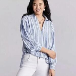 CAbi Pacific Blue Striped Linen Tunic Top Style 5894 Small Coastal Preppy